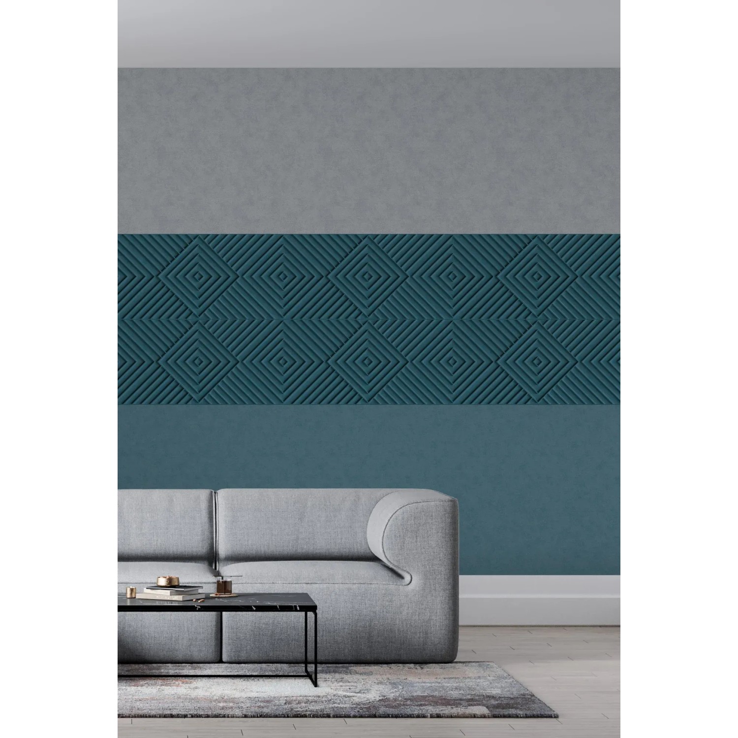 Moderne, dunkelblaue Marburg Vliestapete mit grafischem Muster im Wohnraum.