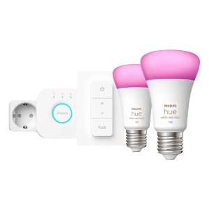 Philips Hue Starter-Set mit 2 E27 Leuchtmitteln, Dimmer, Hue Bridge und Smart Plug.