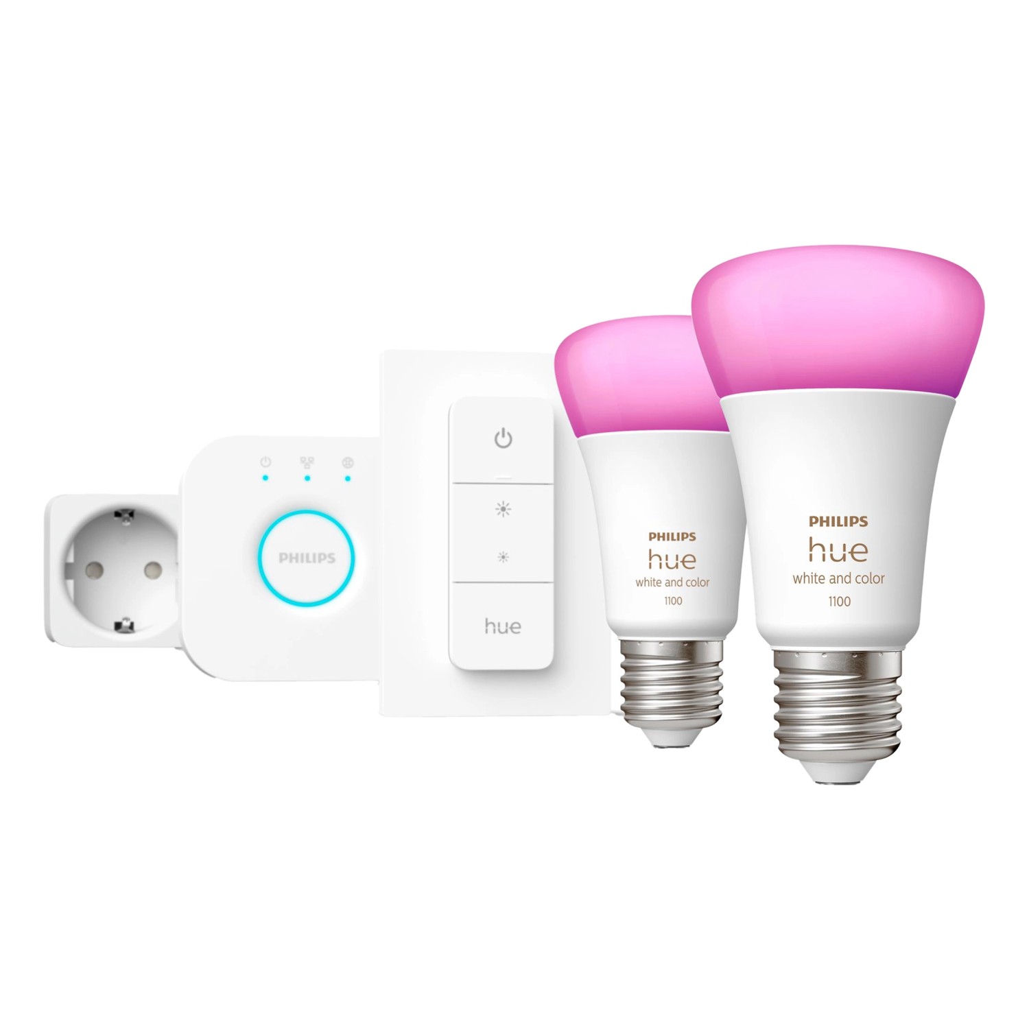 Philips Hue Starter-Set mit 2 E27 Leuchtmitteln, Dimmer, Hue Bridge und Smart Plug.