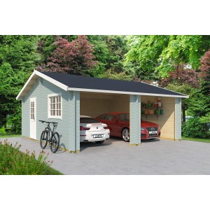 Lasita Maja Doppelgarage Falkland in Gletschergrün mit zwei Autos und einem Fahrrad vor der Garage.