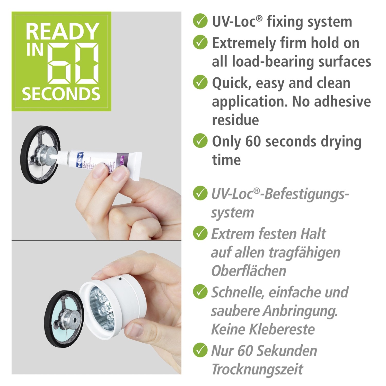 UV-Loc Klebesystem: Schnelle, saubere Anbringung der WENKO Wandablage Molinella in 60 Sekunden.