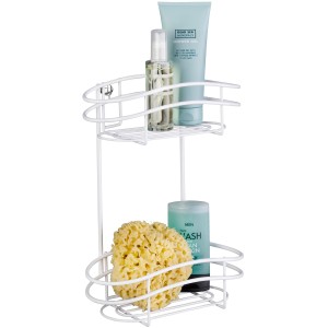 Wenko Wandregal Classic Plus mit 2 Etagen, weiß, mit Badutensilien.