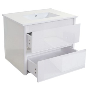 Weißer MCW Waschbeckenunterschrank mit Keramik-Waschbecken und zwei offenen Schubladen.