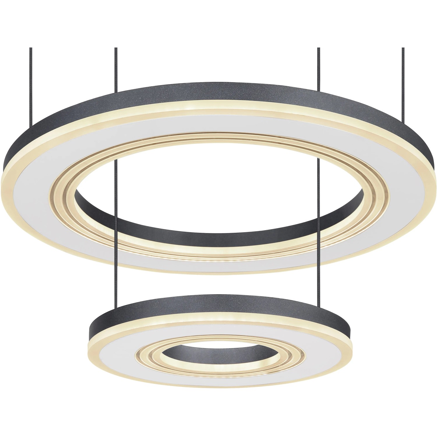 Moderne LED-Pendelleuchte Blasius, schwarz/weiß, mit zwei Ringen. Dimmbar und mit Fernbedienung.