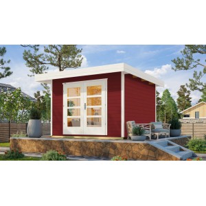 Rotes Weka Holz-Gartenhaus mit Flachdach und Doppeltür im Garten.