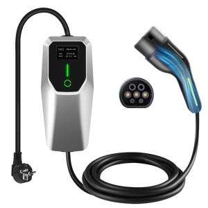 Junsun Typ 2 EV Ladegerät 3kW mit silberner Steuereinheit, schwarzem Kabel und Typ 2 Stecker zum Laden von Elektroautos.