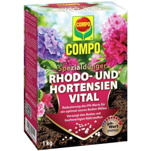 Compo Vital Dünger für Hortensien und Rhododendren, 1 kg Packung.