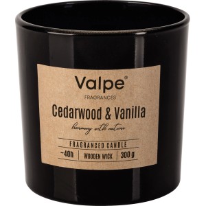 Bispol Duftkerze Zedernholz & Vanille im schwarzen Glas mit Holzdocht, 10 cm.