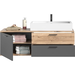 Waschbeckenunterschrank Mason grau 140 cm mit Waschbecken in Holz- und Betonoptik.