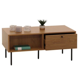 Moderner Couchtisch N78 in Natur mit Schublade und offenem Fach.