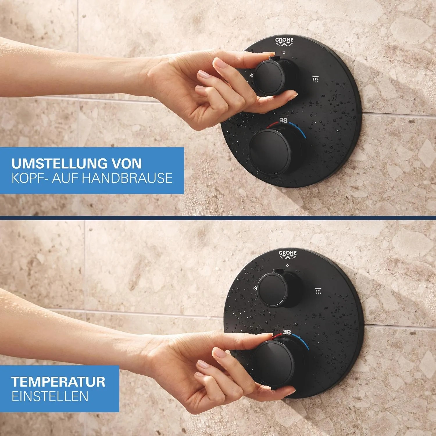 Grohe Precision Thermostat Duschsystem Unterputz in Schwarz: Umstellung Kopf- auf Handbrause und Temperatureinstellung.