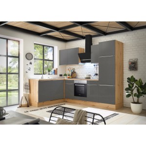 Moderne Respekta Winkelküche Marleen in Artisan Eiche und Grau Matt mit E-Geräten.