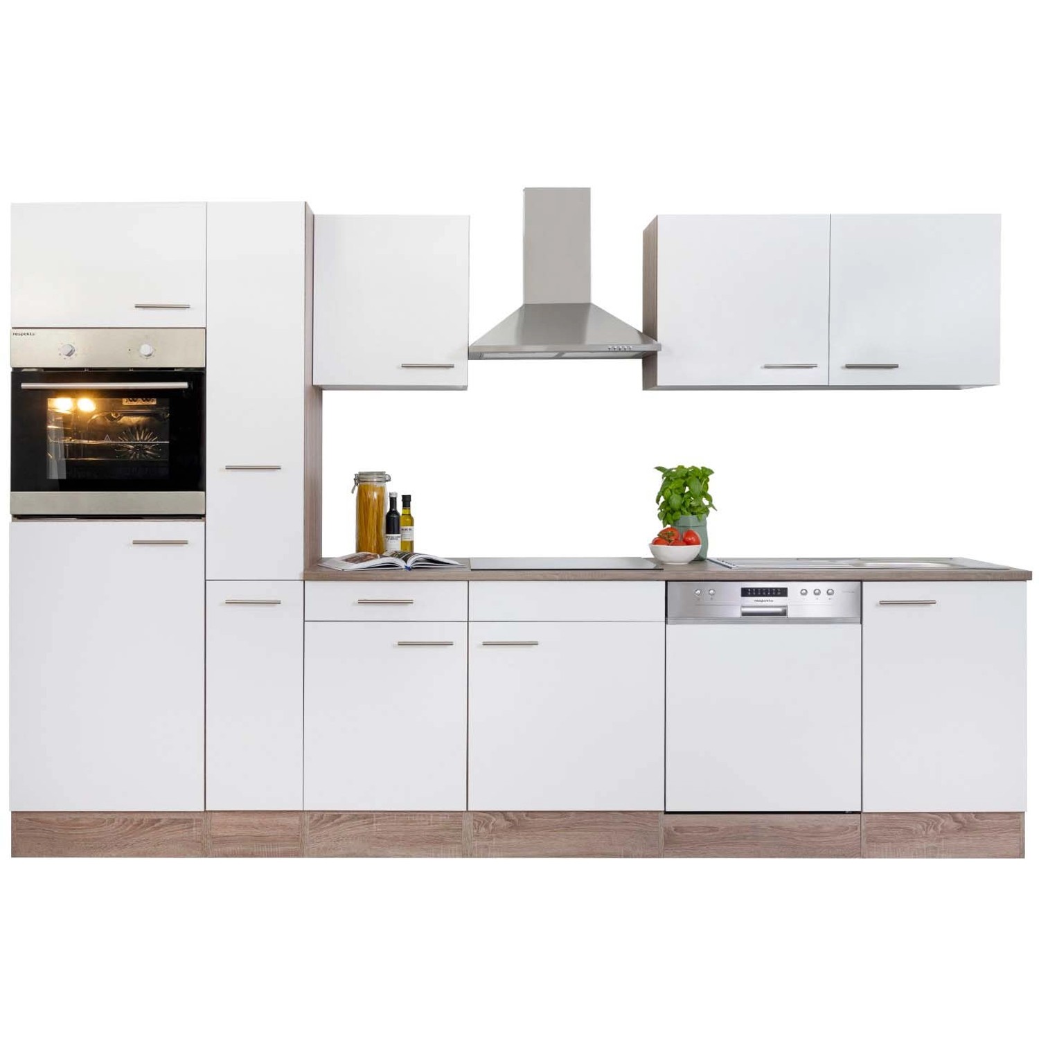 Respekta Küchenzeile 310 cm, Weiß Seidenglanz/Eiche York Dekor, ohne E-Geräte.