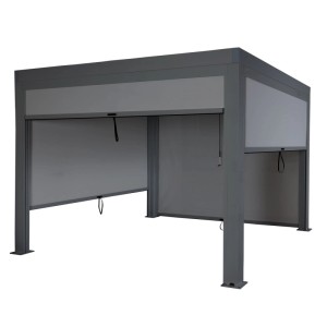 Anthrazitfarbene MCW Pergola L46 3x3m mit Seitenwänden und Rollos.