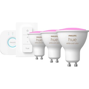 Philips Hue GU10 Starterset mit 3 LED Lampen, Bridge und Dimmer.
