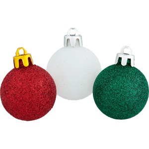 Baumschmuck-Set: Weihnachtskugeln in Weiß, Rot und Grün mit Glitzer.