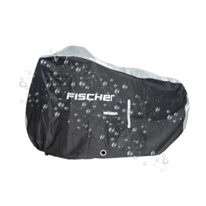 Fahrrad mit schwarzer Fischer Premium Fahrradschutzhülle (200x110 cm) mit Reflexstreifen und Wassertropfen.