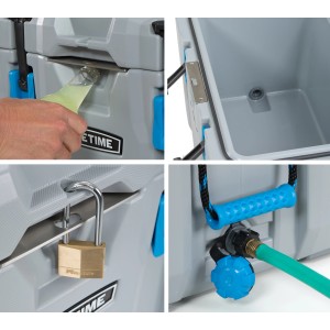 Detailansichten der robusten, dunkelgrauen Kühlbox mit Tragegriffen, Flaschenöffner, Ablassventil und Vorrichtung für Vorhängeschloss.