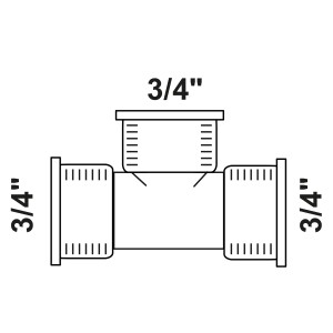 Abbildung eines Rotguss T-Stück Fittings mit 3/4 Zoll Innengewinde.