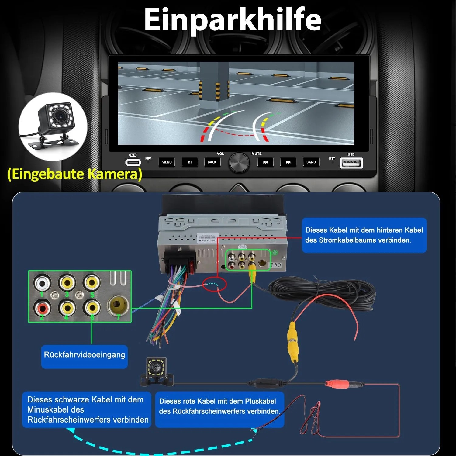 Junsun 1 DIN Autoradio mit 7 Zoll Carplay Display, Einparkhilfe, Rückfahrkamera und Anschlussplan.