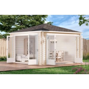 Unbehandeltes Alpholz Gartenhaus Sunshine mit Spitzdach und geöffneten Doppeltüren.