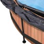 Detailansicht: Runder EXIT Wood Pool in Braun mit Sonnensegel und Stahlrahmen.