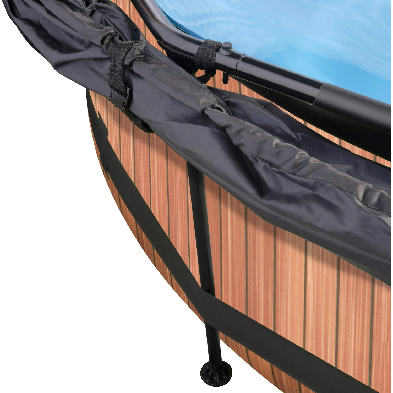 Detailansicht: Runder EXIT Wood Pool in Braun mit Sonnensegel und Stahlrahmen.