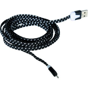 USB 2.0 Ladekabel mit Lightning Connector, 2 m, Textilkabel, schwarz-weiß gepunktet.