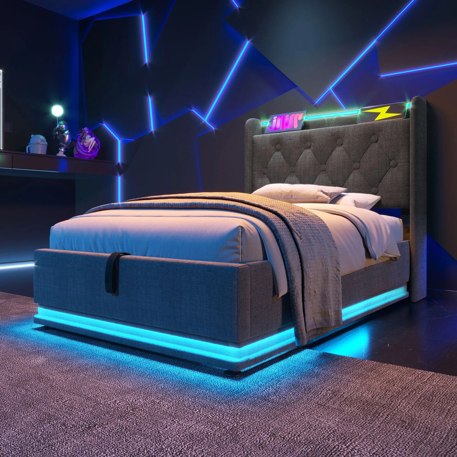 okwish Polsterbett 90x200cm mit LED USB C Einzelbett Grau mit Matratze_6
