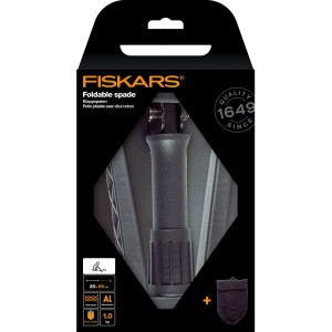 Verpackung des Fiskars Klappspatens aus Aluminium, 24,5-59 cm, mit Tasche.
