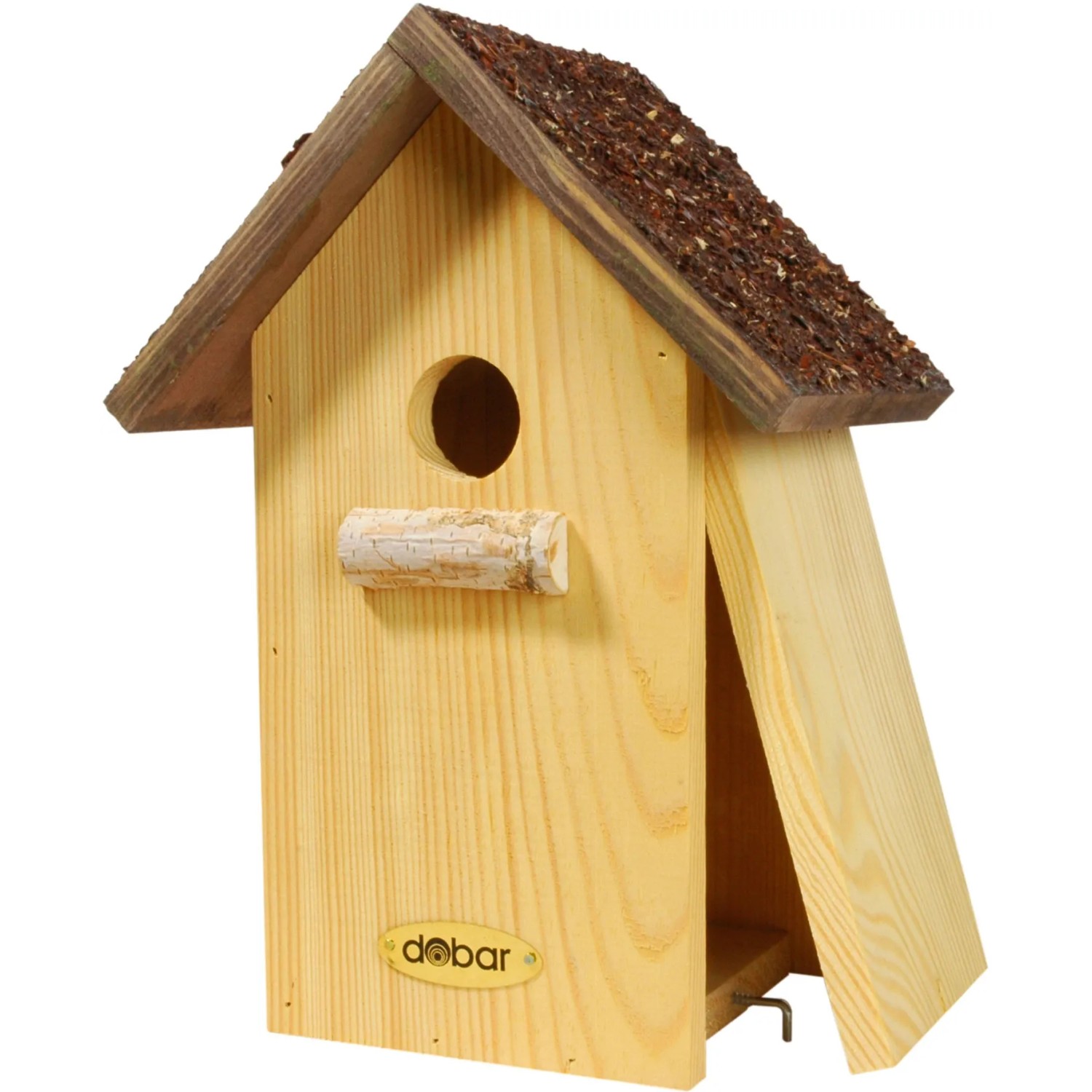 Nistkasten aus Kiefernholz mit Rindendach und seitlicher Öffnung für Wildvögel.