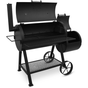 Schwarzer Char-Broil Oklahoma Joe® Smoker Holzkohlegrill mit Ablage und Rädern.