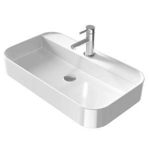 Weißes Emke Keramik Aufsatzwaschbecken, eckig mit abgerundeten Ecken, Hahnloch und Ablagefläche. Modernes Bad.