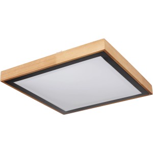 Quadratische LED-Deckenleuchte Bruno mit Holzrahmen und schwarzem Rand, dimmbar.