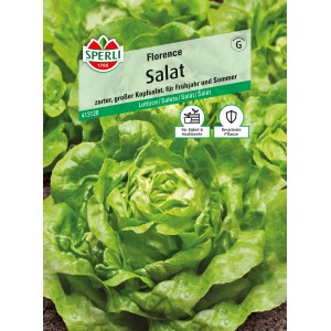 Sperli Kopfsalat Florence Samenpackung mit grünem Kopfsalat im Vordergrund.