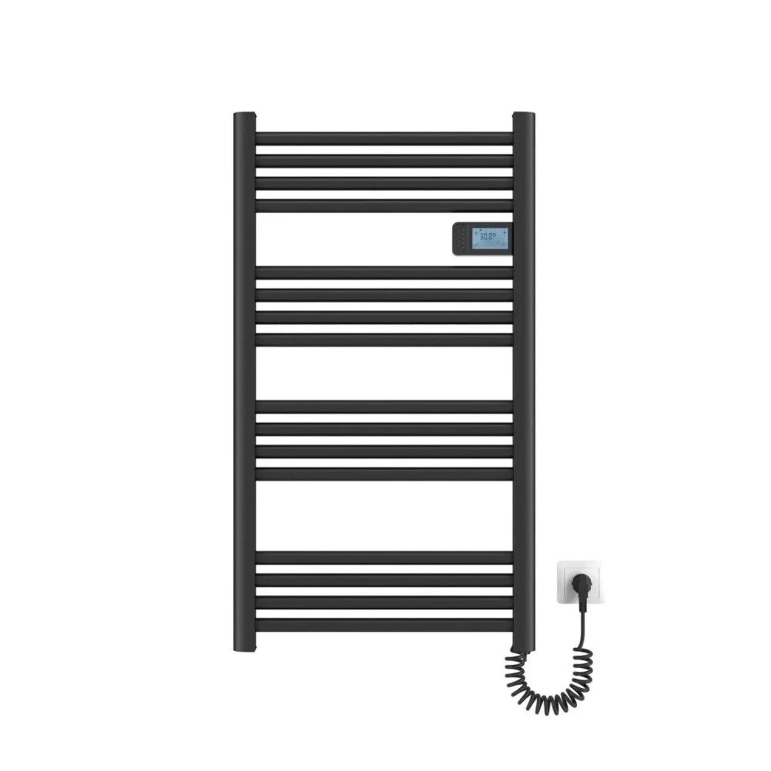 Schwarzer Emke Elektro-Handtuchwärmer 96x54cm mit LED Display, Thermostat und Spiralkabel. Ideal für Badezimmer.