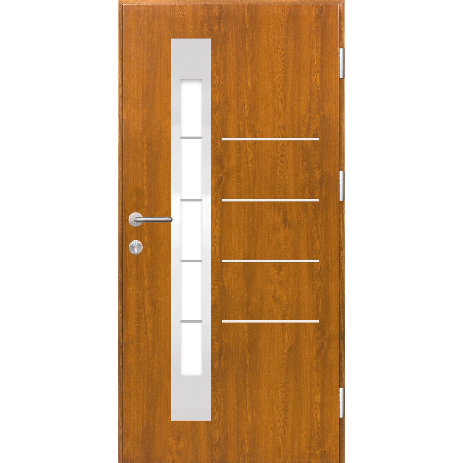 Splendoor Sicherheits-Haustür Berlin Prime RC2 Gold.Oak, 100x210 cm, mit Glaseinsatz und Edelstahl-Applikationen.