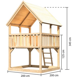 Karibu Spielturm Luis mit Satteldach, naturbelassen, aus Holz mit Leiter und Maßen.