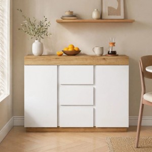 okwish Kommode mit 3 Schubladen Türen Schließfach Wohnraum 120x40x83cm Weiß