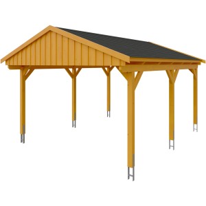 Skan Holz Carport Fichtelberg, 423x566 cm, Eiche Hell, mit schwarzen Schindeln.