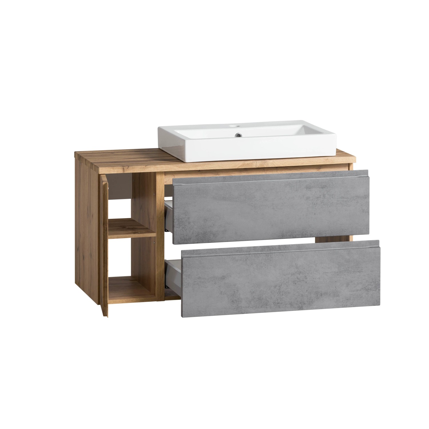 Held Möbel Waschtisch Ancona 105 cm in Betongrau-Wotaneiche mit Becken rechts.
