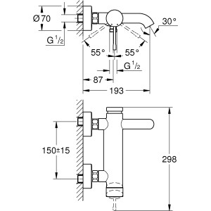 Technische Zeichnung: Grohe Essence Einhand-Wannenbatterie Cool Sunrise mit Maßen.