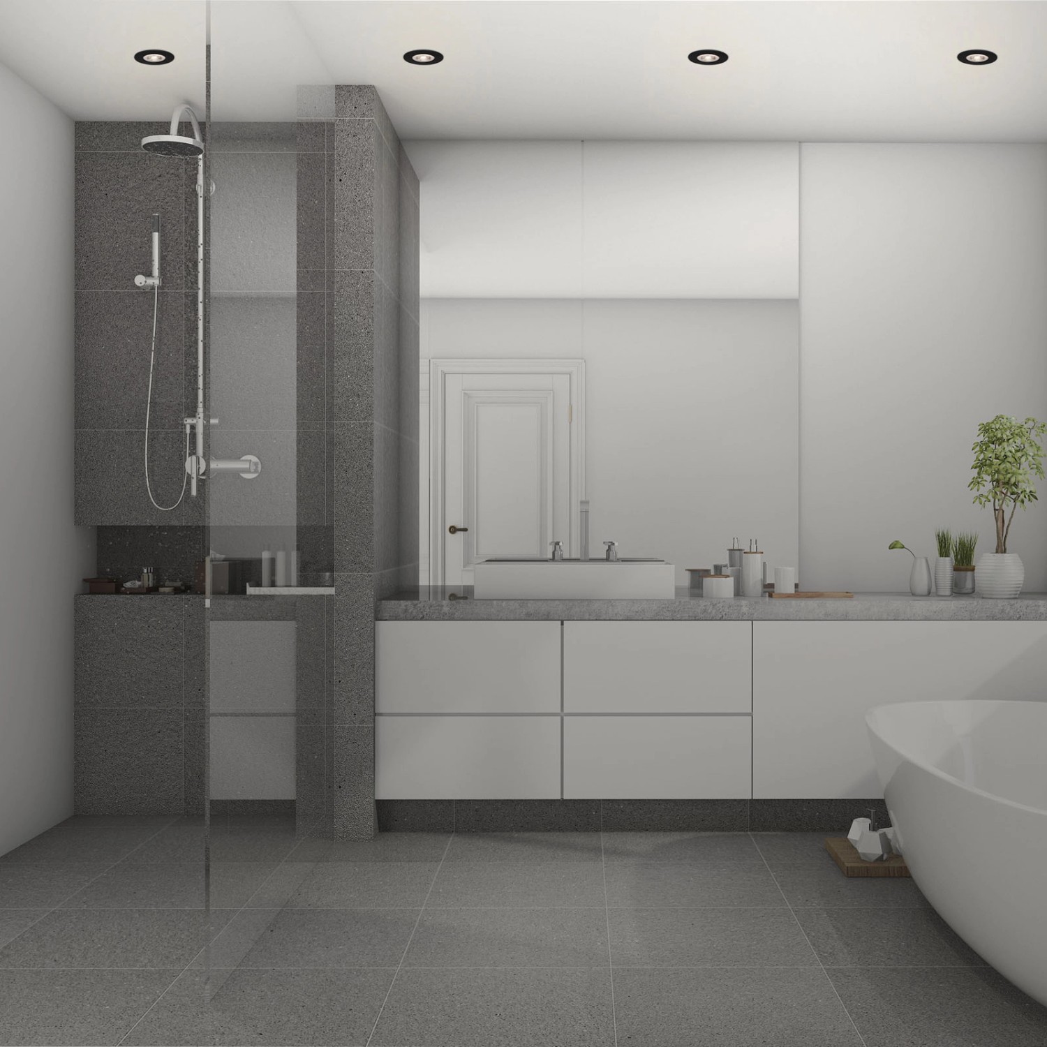 Badezimmer mit vier schwarzen, matten Brilo LED-Einbauleuchten Kulana, die in die Decke eingelassen sind.