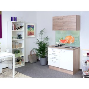 Flex-Well Miniküche Florida, 100 cm, Weiß/Eiche Sonoma, mit Kochfeld und Spüle. Kompakte Singleküche.