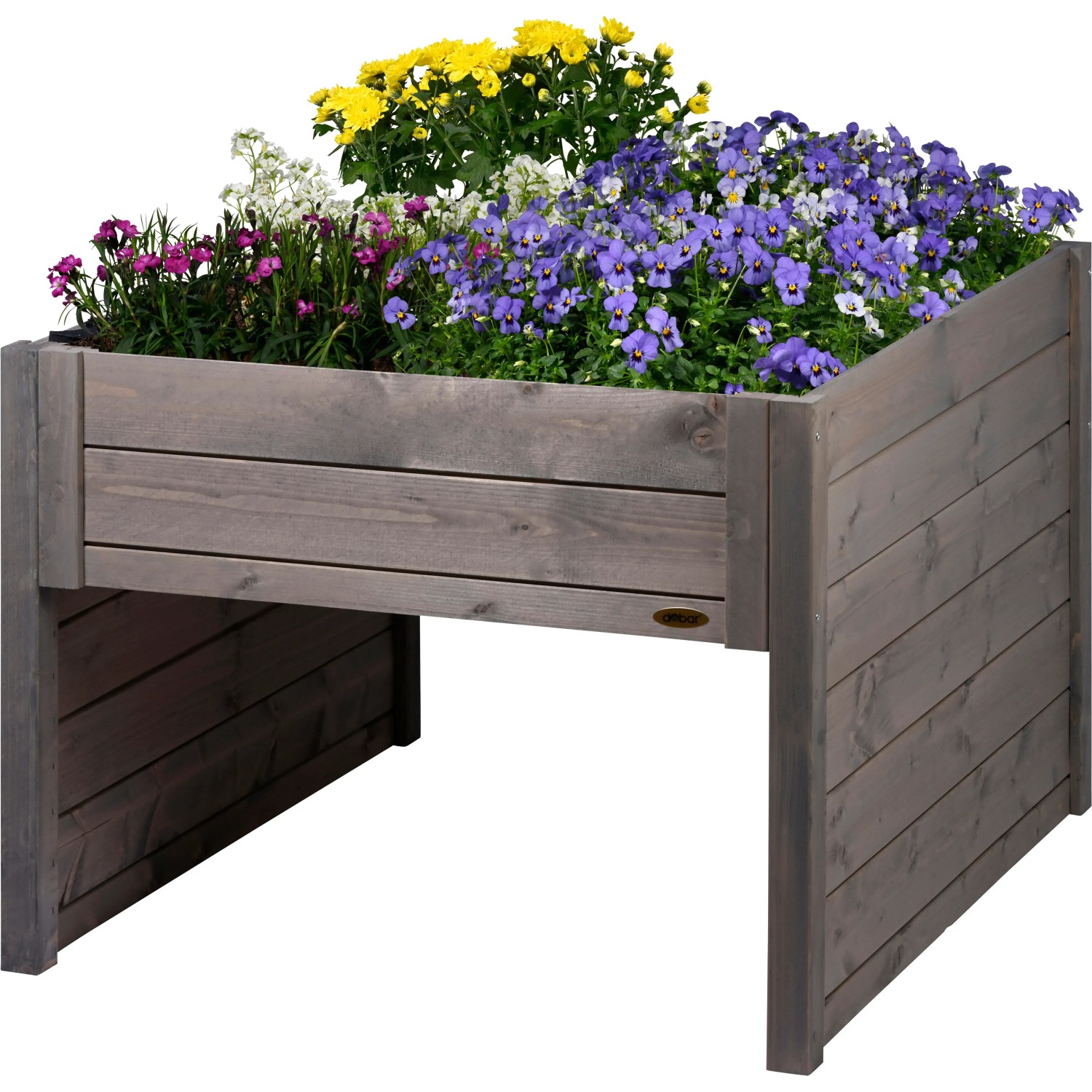 Dobar Mährobotergarage mit Pflanzkasten, grau, bepflanzt mit bunten Blumen.