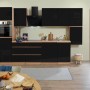 Respekta Küchenzeile 330 cm, grifflos, schwarz hochglanz mit Eiche Sägerau Arbeitsplatte.