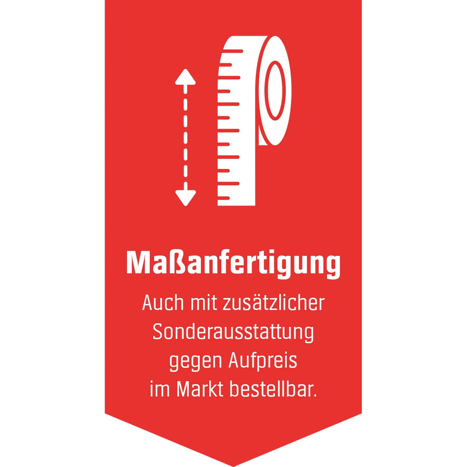 Symbol für Maßanfertigung von Haustüren mit Maßband auf rotem Grund.