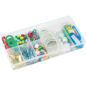 305-teiliges Haushaltshelfer-Set in Sortierbox: Büroklammern, Nägel, Gummis, Reißnägel und mehr.