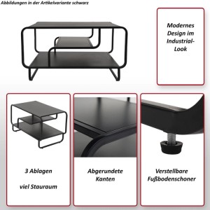 Weißer Couchtisch MCW O49 im Industrial Design mit 3 Ablagen aus Metall, 45x80x40 cm.