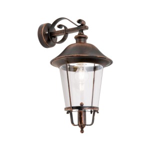 Rustikale Orion Außen Wandleuchte in Schwarz-Kupfer mit Laternen-Design und klarem Glas. IP44.